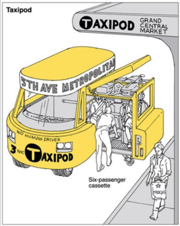 TAXIPOD: Passengers are shown boarding a six-passenger cassette in this driverless taxi.